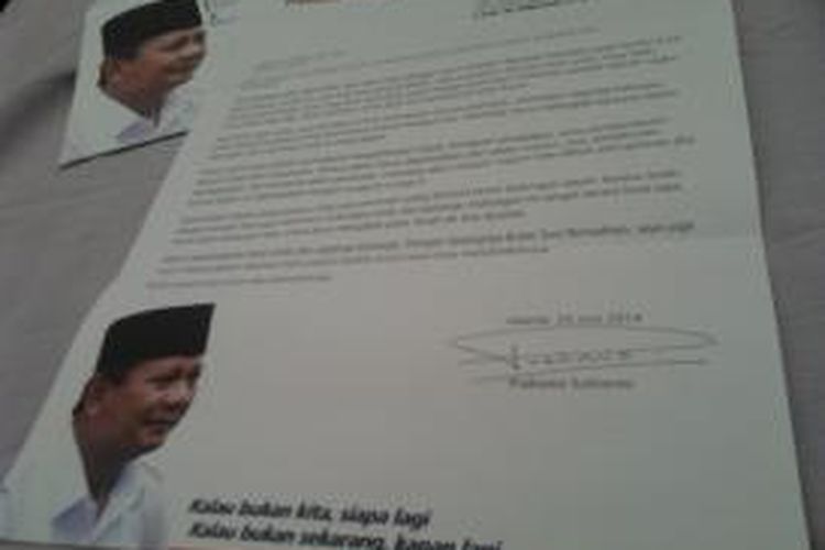 Salah saru surat yang ditujukanke warga Balikpapan. Isi, Prabowo minta doa restu melaju di pilpres 9 Juli 2014.
