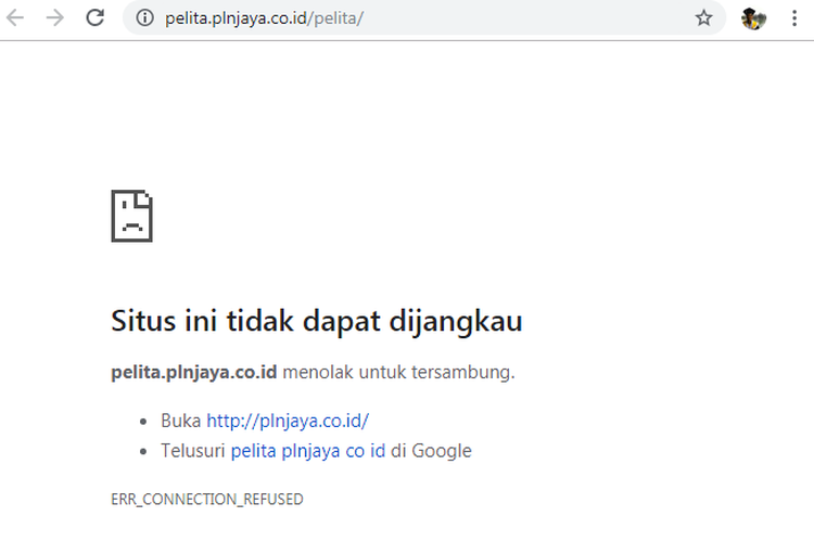 Ilustrasi situs PLN Pelita yang down ketika diakses