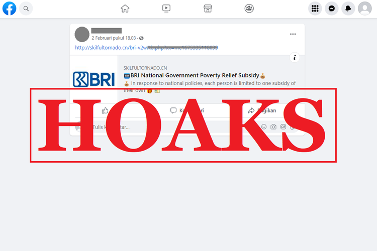 Tangkapan layar unggahan dengan narasi hoaks di sebuah akun Facebook, Kamis (2/6/2023), soal tautan menawarkan subsidi pemerintah menggunakan nama dan logo BRI.