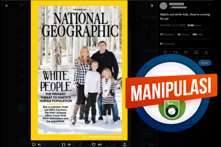 Tangkapan layar konten manipulasi di sebuah akun Twitter, Senin (3/7/2023), soal sampul majalah National Geographic membahas kepunahan orang kulit putih.