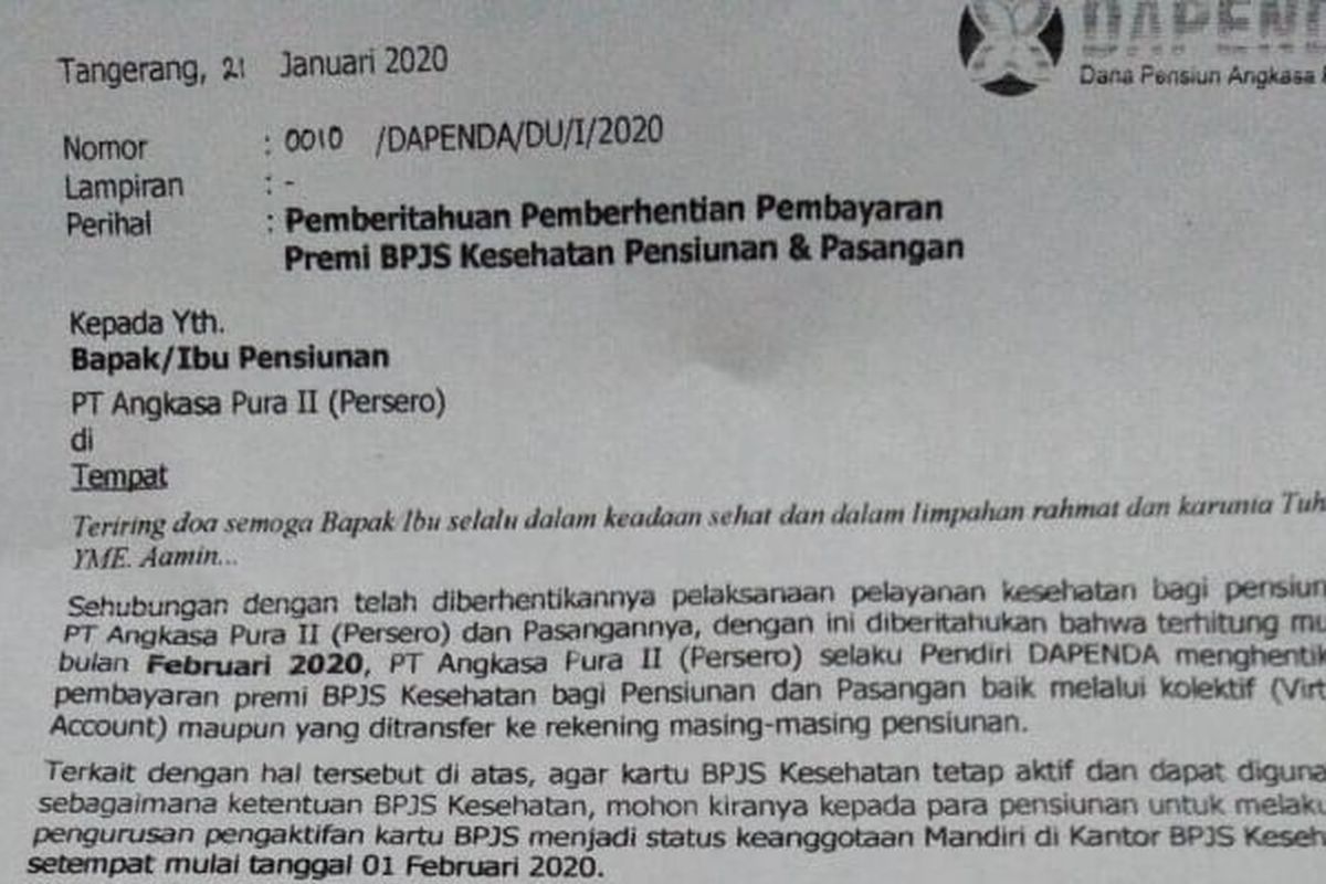 Surat pemberitahuan pemutusan BPJS Kesehatan untuk Pensiunan Angkasa Pura II