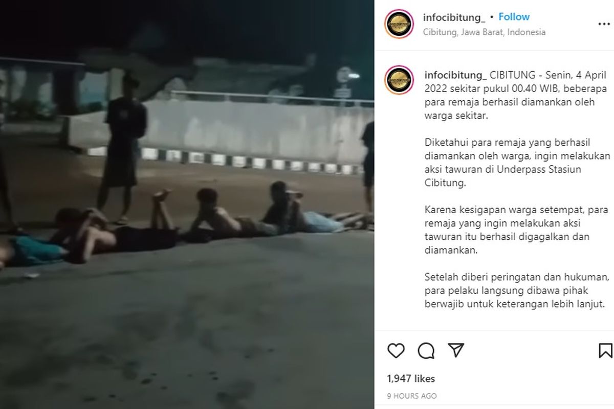 Warga di sekitar kawasan Underpass Stasiun Cibitung berhasil mengamankan sekelompok remaja pelaku tawuran, Senin (4/4/2022) dini hari sekitar pukul 00.40 WIB.