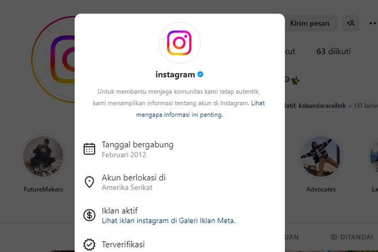 Tangkapan layar akun Instagram yang menampilkan informasi tanggal bergabung di Instagram.