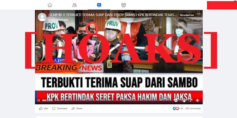 Tangkapan layar Facebook narasi yang menyebut bahwa hakim dan jaksa kasus pembunuhan Brigadir J ditangkap KPK karena menerima suap dari Ferdy Sambo