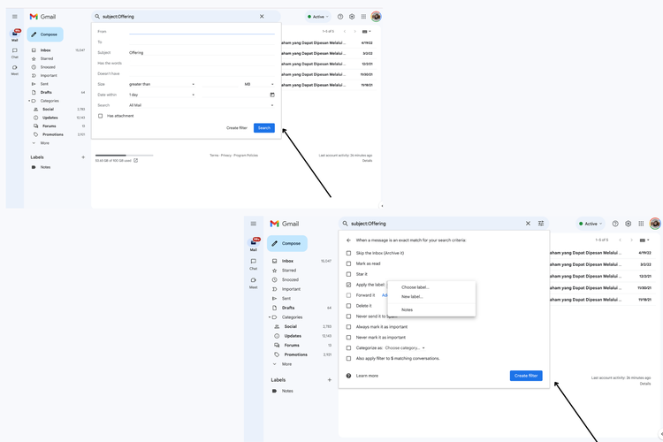 Ilustrasi cara filter e-mail di Gmail