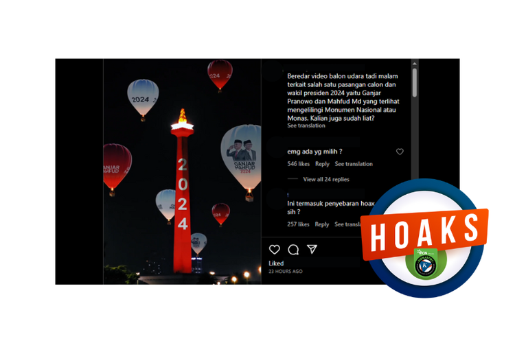 Hoaks, balon udara bergambar Ganjar Pranowo-Mahfud MD diterbangkan di kawasan Monas pada Selasa (14/11/2023) malam