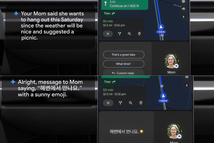 Ilustrasi tampilan Gemini AI yang terintegrasi ke sistem Android Auto dan mobil yang dilengkapi dengan Google bawaaan (Google built-in). Dengan fitur ini, asisten Gemini dapat menampilkan informasi apapun (termasuk pesan) dan membalas pesan tersebut sesuai dengan perintah suara si pengguna.