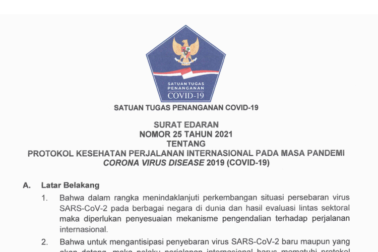 Tangkapan layar Surat Edaran (SE) Nomor 25 Tahun 2021 tentang Protokol Kesehatan Perjalanan Internasional pada Masa Pandemi Covid-19.