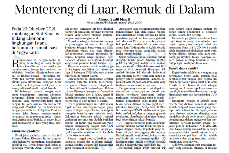 Tangkap layar tulisan opini Ahmad Syafii Maarif di harian Kompas berjudul Mentereng di Luar, Remuk di Dalam, yang tayang pada 10 November 2021.