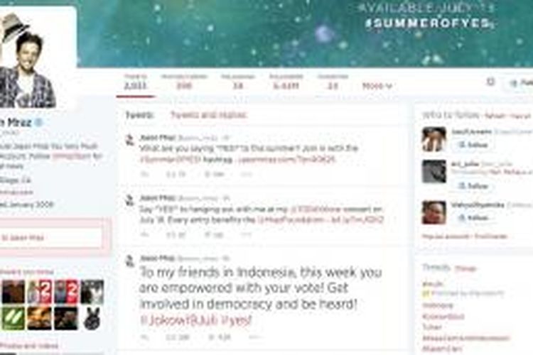 Jason Mraz lewat akun Twitternya menyatakan dukungan untuk calon Presiden Joko Widodo dengan memasang tagar alias hashtag #Jokowi9Juli