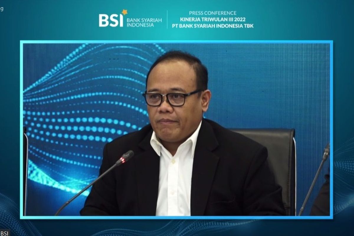 Direktur Information Technology PT Bank Syariah Indonesia Tbk atau BSI Achmad Syafi'i saat paparan kinerja Kuartal III 2022, Kamis (27/10/2022).