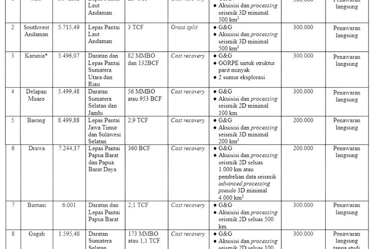 Rincian informasi sembilan wilayah kerja migas yang dilelang.