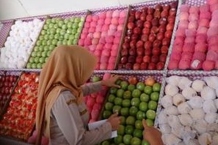 Petugas Balai Karantina Pertanian S Sultra tengah memeriksa apel impor yang diduga mengandung bakteri, saat sidak di pasar buah Kendari.