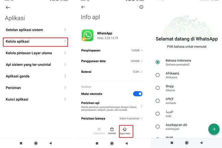 Ilustrasi cara mengganti akun WhatsApp dengan menghapus data aplikasi untuk logout.