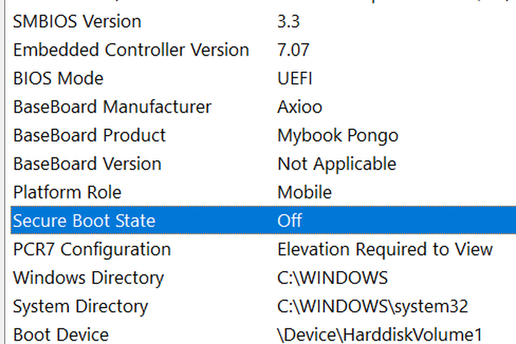 Pengaturan Secure Boot secara default dimatikan di Axioo Pongo 7
