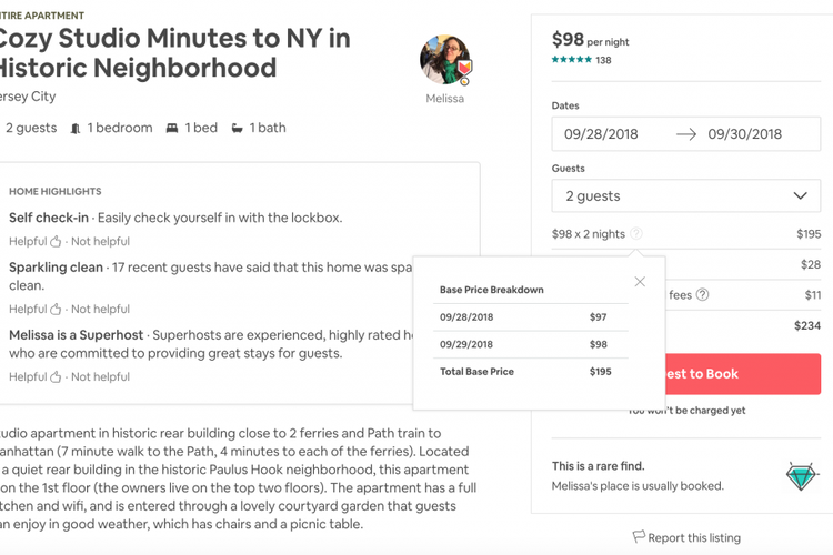 Contoh transparansi dari rincian harga untuk penyewaan rumah di Airbnb