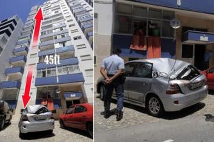 Seorang pria jatuh dari gedung berlantai 14 di kota Quarteira, Portugal dan menimpa sebuah mobil. Ajaibnya, pria itu hanya mengalami luka ringan.