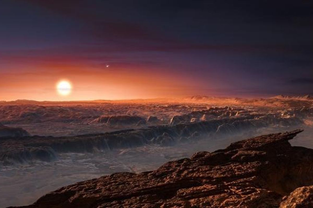 Ilustrasi permukaan Proxima B beserta pemandangan Proxima Centauri, bintang induknya.