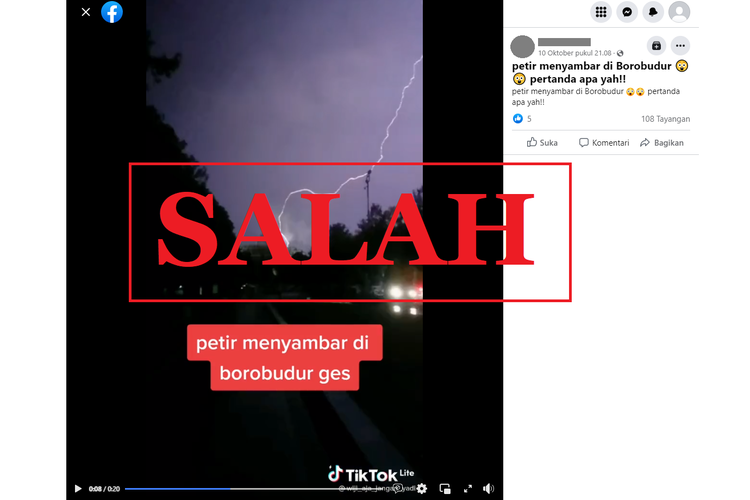Tangkapan layar unggahan dengan narasi keliru di sebuah akun Facebook, Senin (10/10/2022), mengenai petir yang menyambar Candi Borobudur pada Sabtu (8/10/2022) malam.