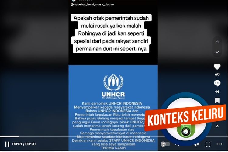 Tangkapan layar Facebook narasi yang menyebut Pemprov Kepri dan UNHCR telah sepakat menjadikan Pulau Galang sebagai tempat tinggal pengungsi Rohingya