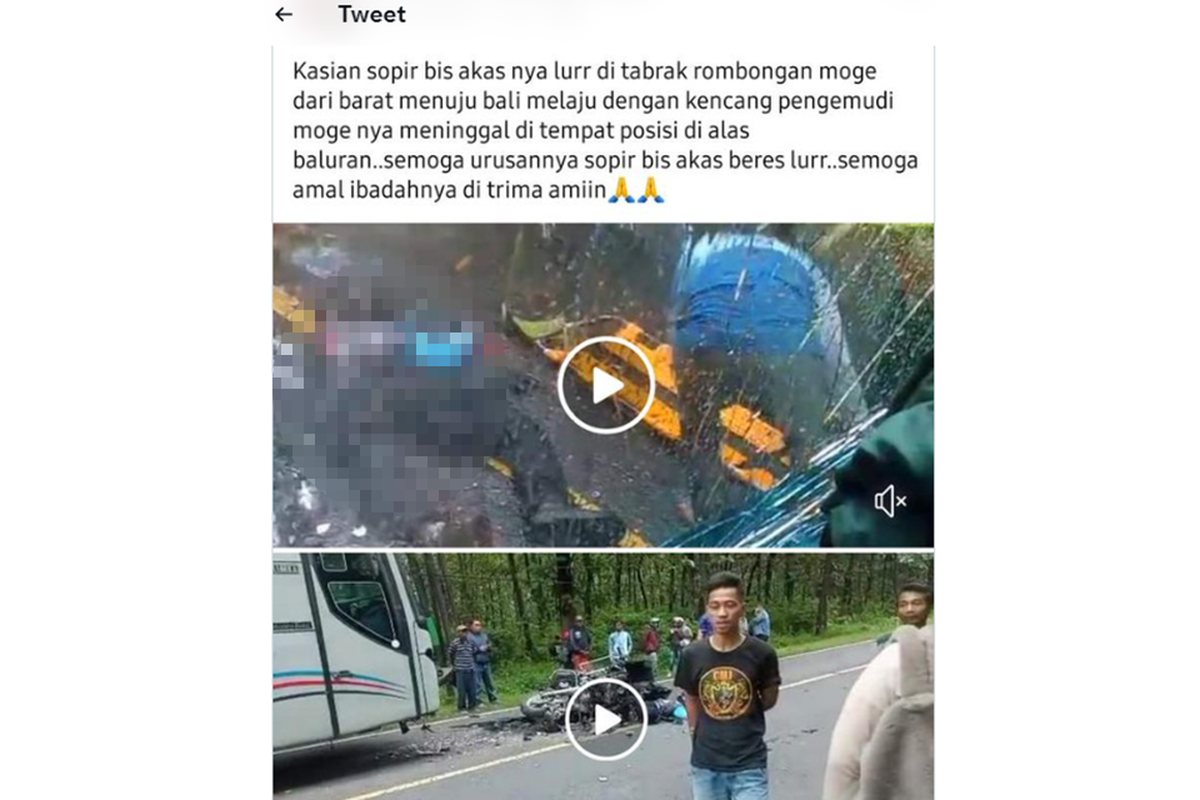 Tangkapan layar video yang memperlihatkan kecelakaan antara bus dengan motor gede atau moge di jalan raya kawasan Hutan Baluran, Situbondo, Jawa Timur.