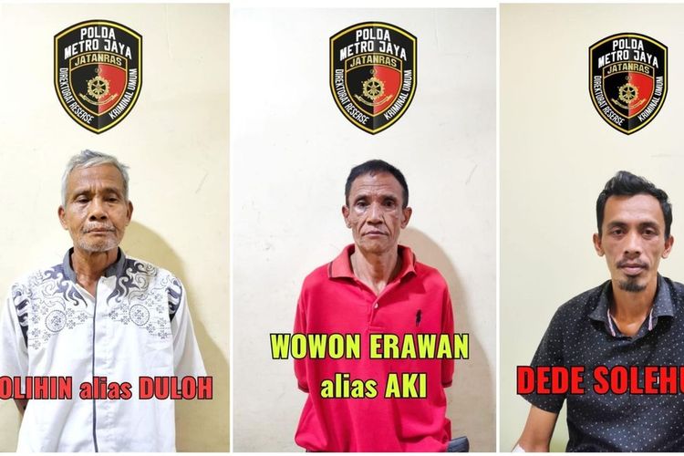 Tiga tersangka penipuan dan pembunuhan berencana asal Cianjur yang ditahan polisi pertengahan Januari 2023. Dari kiri: Solihin alias Duloh (63), Wowon Erawan alias Aki (60), dan M Dede Solehudin (35).