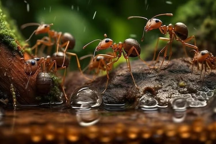 Ilustrasi serangga semut yang berkeliaran di musim hujan.