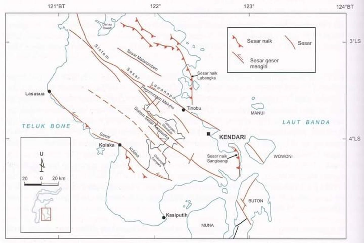 Ilustrasi sesar Utama di Lengan Tenggara Sulawesi (Surono, 2010). Salah satu sesar aktif di Sultra adalah Sesar Kolaka.