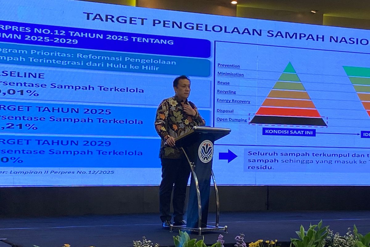 Wakil Menteri Lingkungan Hidup, Diaz Hendropriyono, menjelaskan soal proyek Waste to Energy, di Jakarta Pusat, Selasa (21/10/2025). 