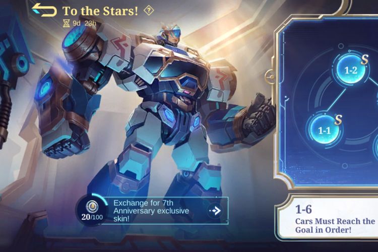 Menu Minigame To The Stars di Mobile Legends. Minigame ini dapat dikerjakan untuk mendapatkan koin, yang kemudian ditukarkan dengan skin Johnson Starblazer