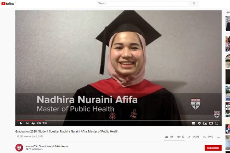 Tangkapan layar Youtube Harvard saat Nadhira Nuraini Afifa berpidato dalam wisuda yang dilakukan secara online