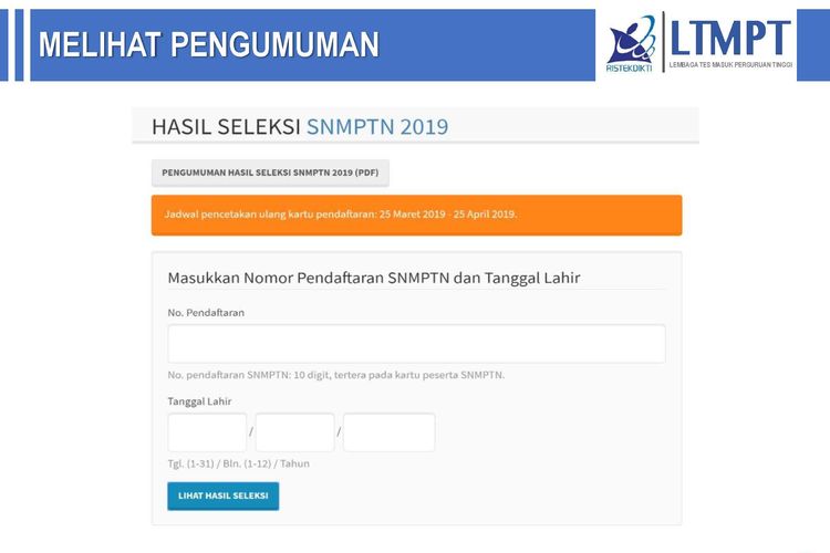 Contoh laman resmi pengumuman SNMPTN 2019