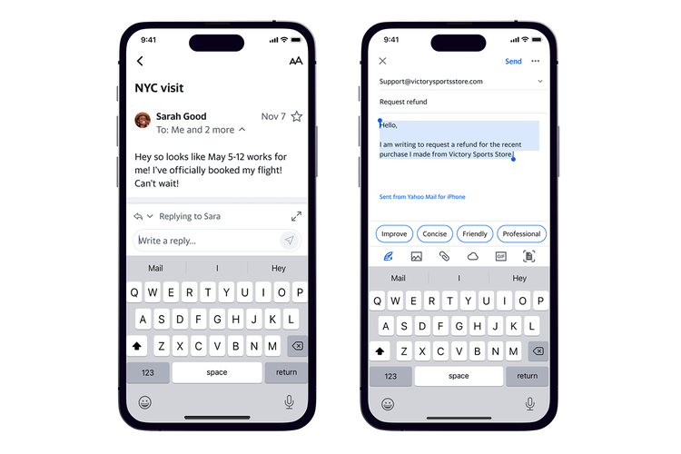 Fitur AI yang bisa mengubah gaya tulisan di Yahoo Mail.