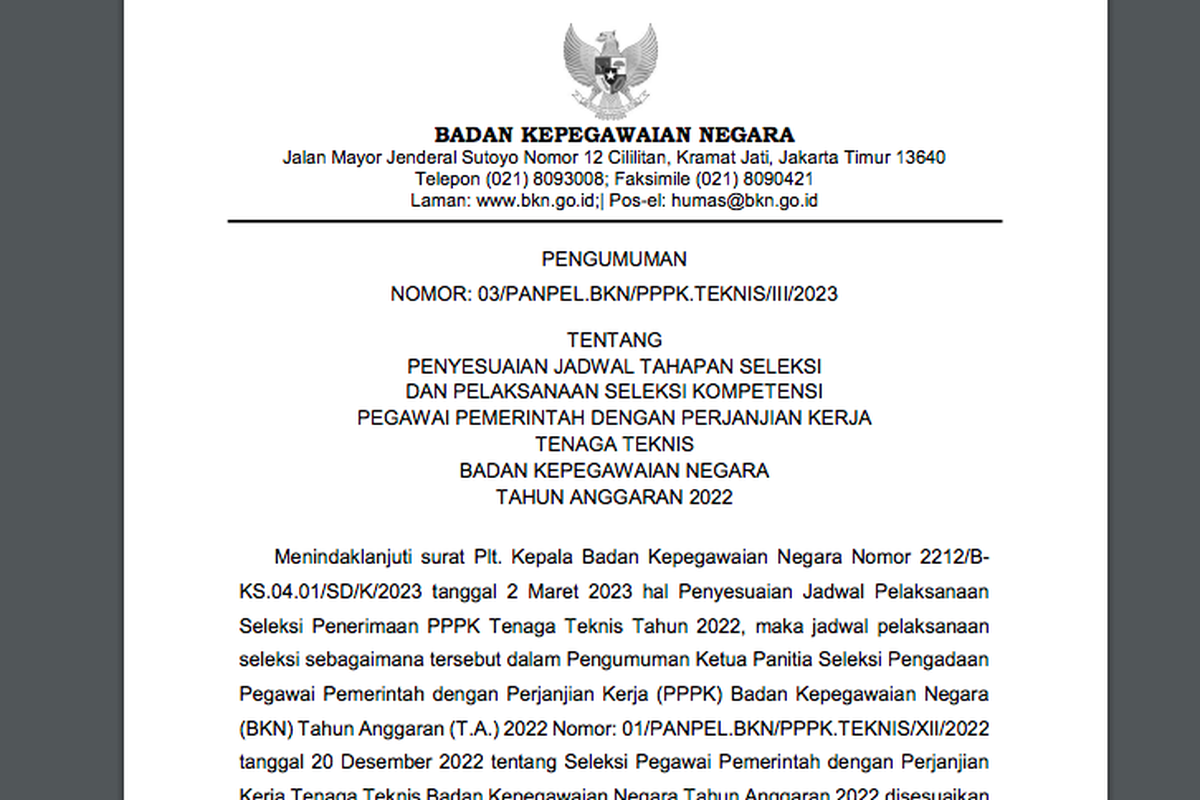 Tangkapan layar jadwal terbaru pelaksanaan seleksi kompetensi PPPK Teknis BKN tahun 2022.