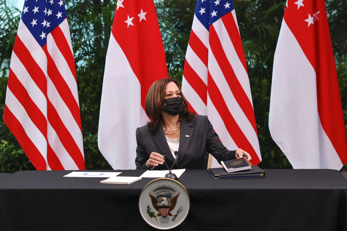 US Vice President Kamala Harris attends a roundtable at Gardens by the Bay in Singapore before departing for Vietnam on the second leg of her Southeast Asia trip, Tuesday, Aug. 24, 2021. (Evelyn Hockstein/Pool Photo via AP)