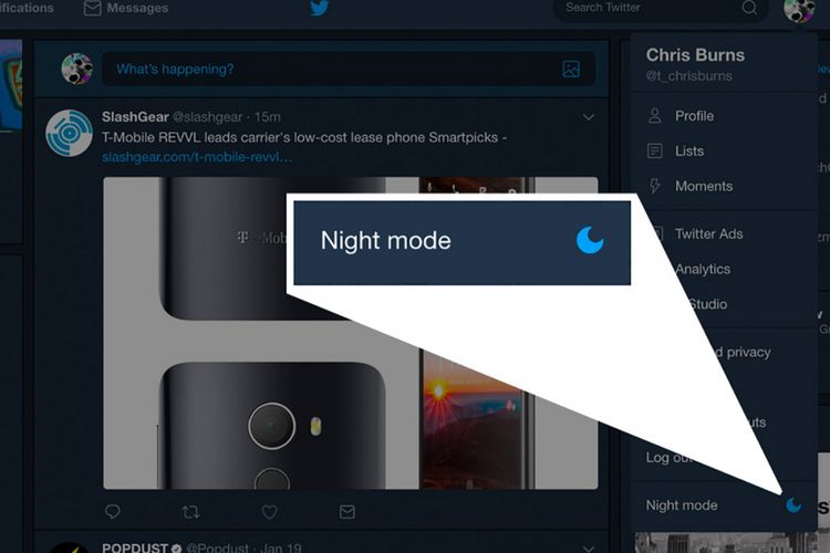 Tampilan dan letak menu untuk mengaktifkan Night Mode di tampilan Twitter Desktop.