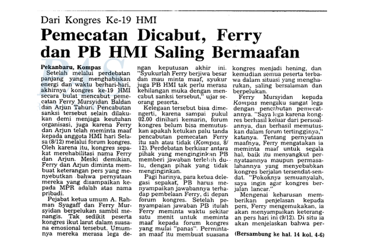 Tangkap layar berita pencabutan pemecatan Ferry Mursyidan Baldan dari keanggotaan Himpunan Mahasiswa Islam (HMI) di halaman 1 harian Kompas edisi 9 Desember 1992.