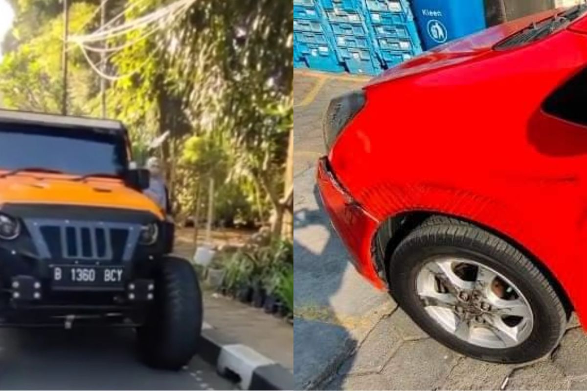 Penampakan Jeep Wrangler Rubicon dan kondisi terkini Daihatsu Ayla usai diserempet di exit Tol Mampang Prapatan, Jakarta Selatan, Senin (18/7/2023). 