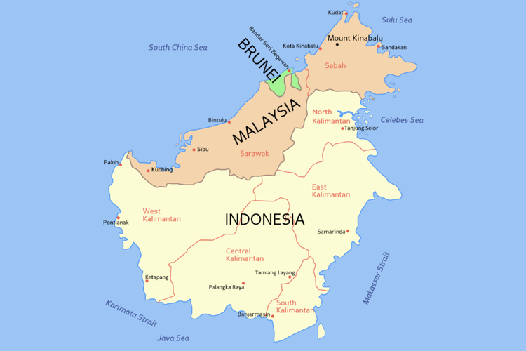Peta wilayah Pulau Kalimantan. Wilayah Pulau Kalimantan memiliki sejumlah batas laut. 