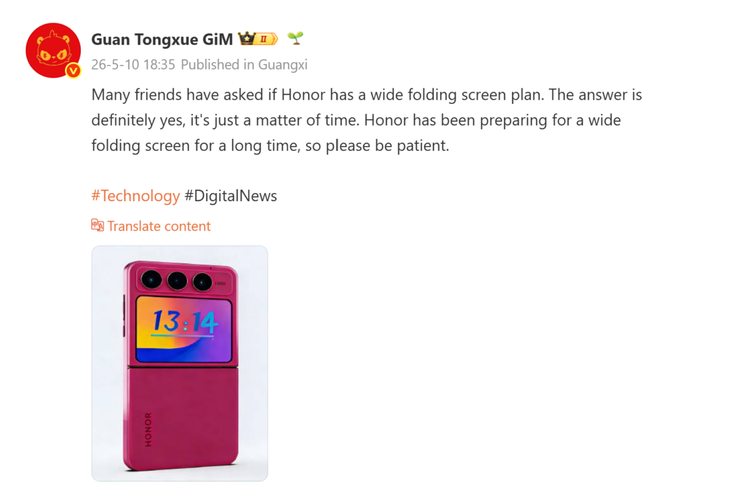 Tipster gadget lainnya, Guan Tongxue GiM bahkan menyebut bahwa Honor sudah menyiapkan HP lipat dengan desain bantet sejak lama.