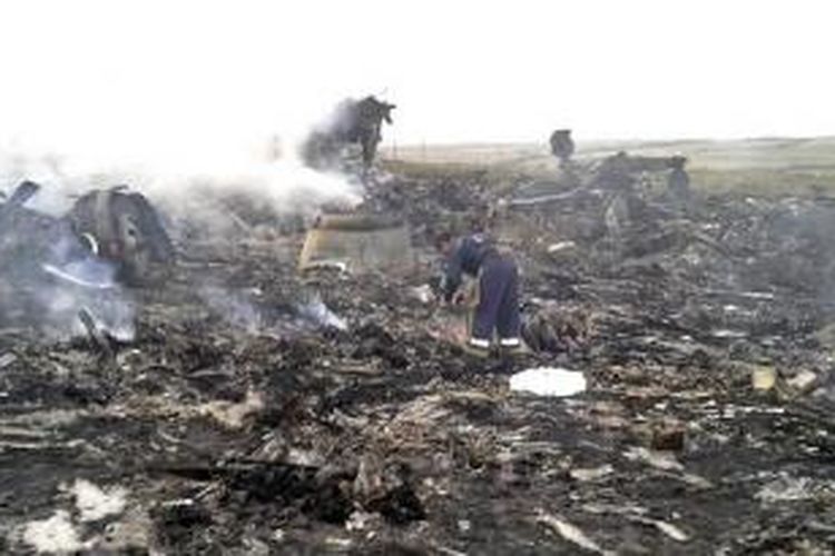Seorang petugas tengah memeriksa puing-puing di lokasi jatuhnya pesawat Malaysia Airlines MH17 di Ukraina, Kamis (17/7/2014). 