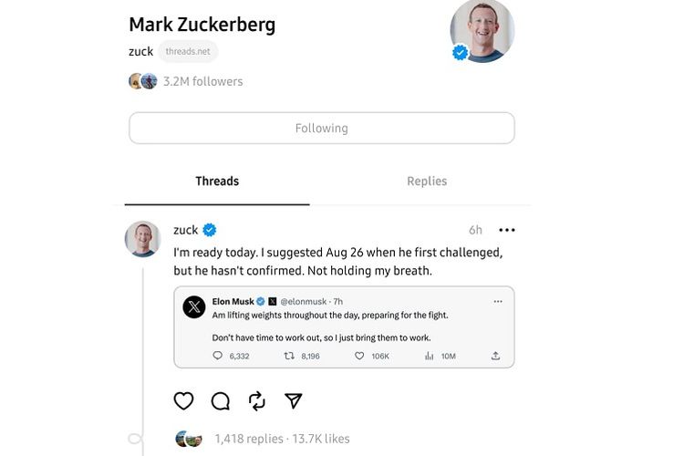 Tangkapan layar postingan Mark Zuckerberg menerima tantangan Elon Musk