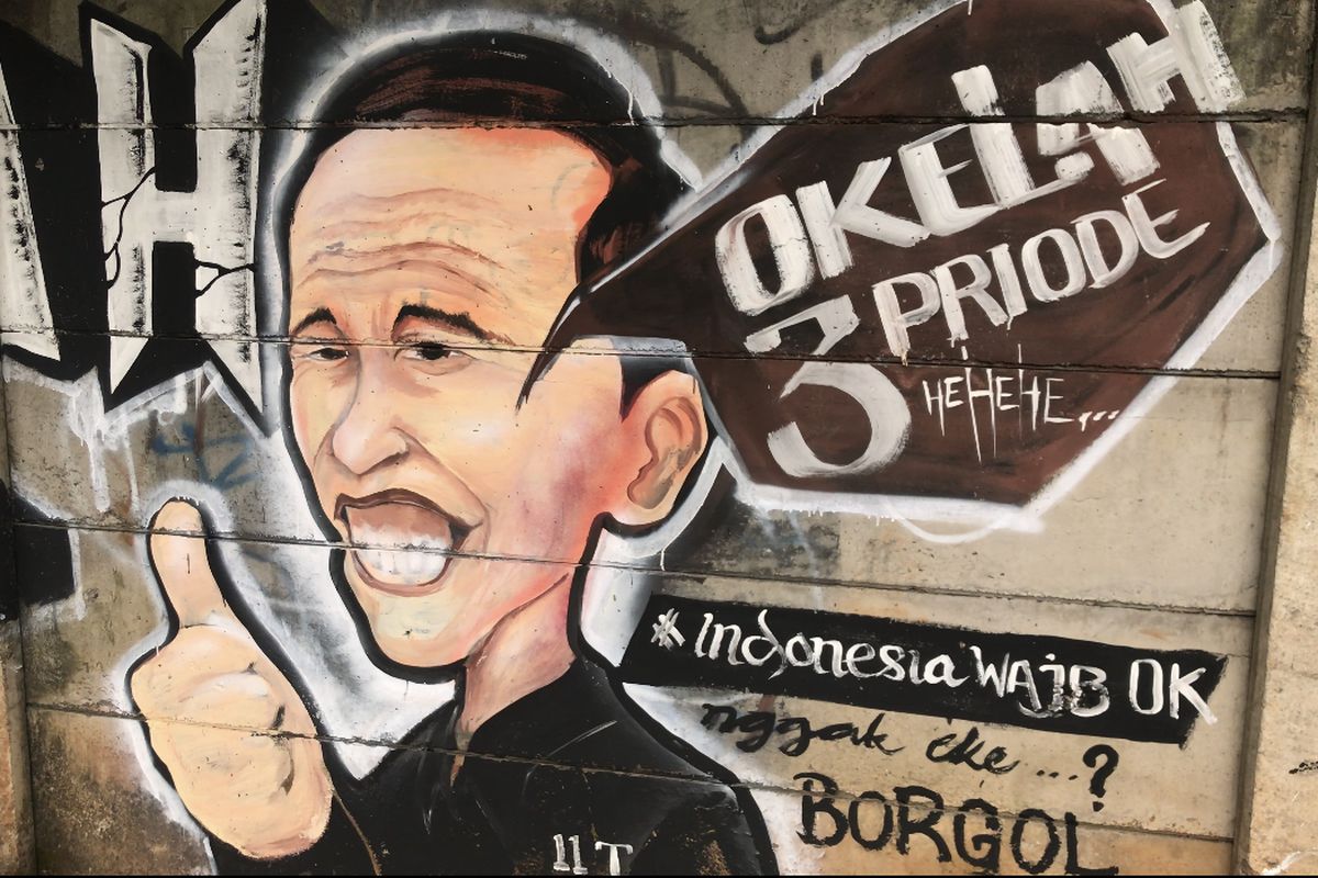 Mural sosok Jokowi di sebuah tembok di Jalan Kebagusan Raya, Kebagusan, Pasar Minggu, Jakarta Selatan pada Selasa (31/8/2021) siang. Mural tersebut menyindir wacana Jokowi untuk maju menjadi presiden tiga periode.
