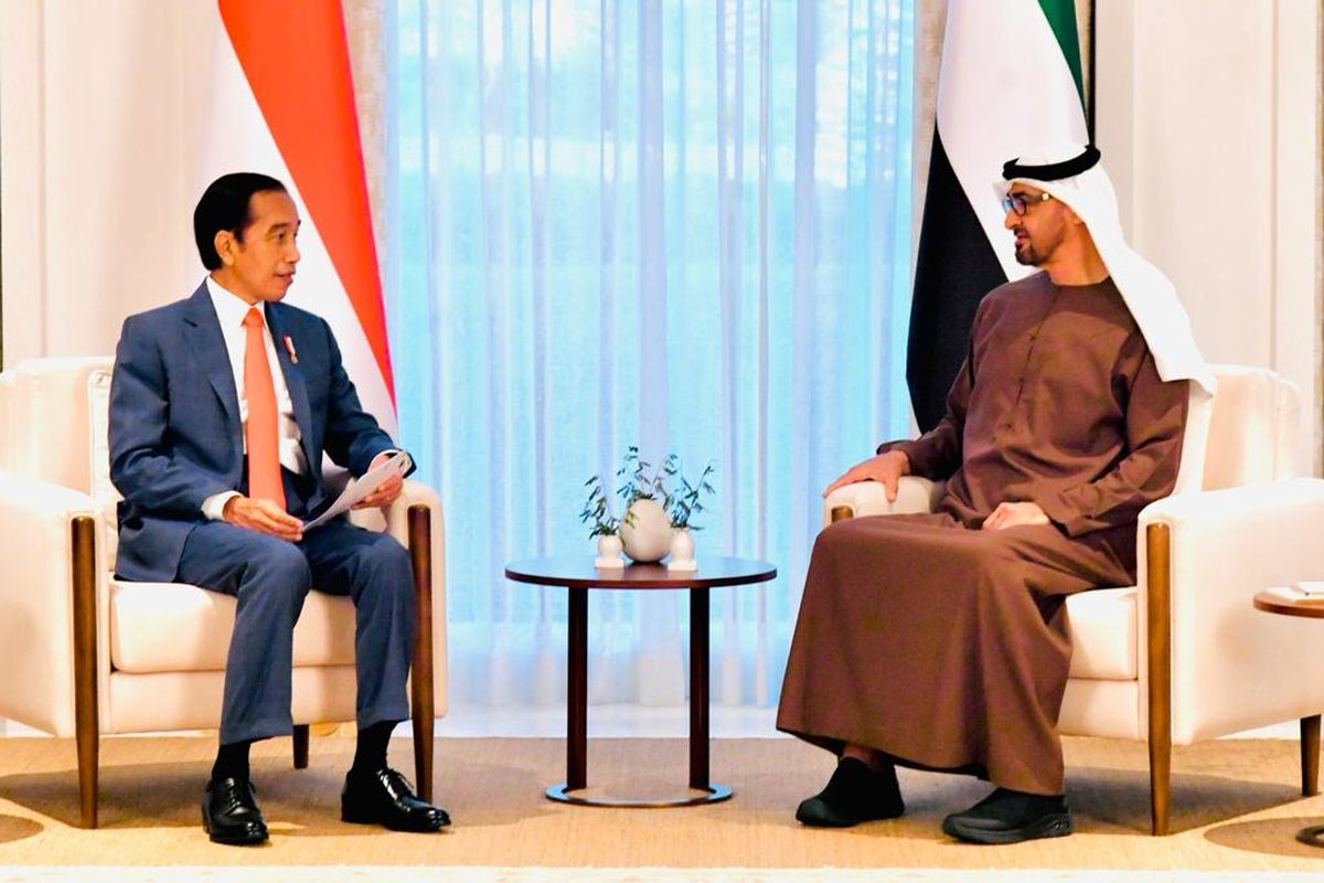 Indonesia's President Joko Widodo meets with Sheikh Mohammed bin Zayed Al Nahyan, Crown Prince of Abu Dhabi in Al-Shatie Palace in the UAE on Wednesday, November 3, 2021. 