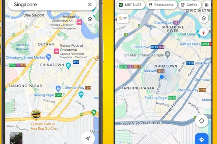 Perubahan desain Google Maps dari versi lama (kiri, jalan berwarna kuning) ke versi baru (kanan, jalan berwarna abu-abu)