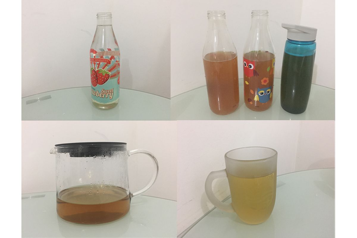 Minuman penulis selama sehari. Kiri ke kanan searah jarum jam: 1) Air garam, 2) Campuran limun, 3) Tea Time, dan 4) Evening Tea