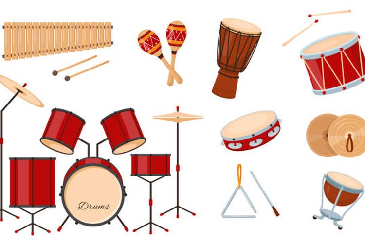 Ilustrasi jenis-jenis alat musik ritmis.