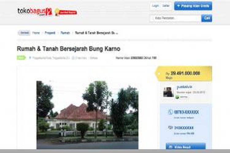 Sebuah rumah yang disebut pernah menjadi hunian Bung Karno semasa Perang Kemerdekaan di Republik Indonesia, dipasarkan melalui internet dengan harga Rp 29.491.000.000.