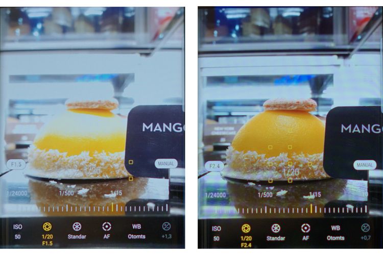 Perbedaan tangkapan gambar kamera Galaxy S9 antara aperture f/1.5 dan f/2.4, dengan setting kecepatan rana dan ISO yang sama (1/20 detik, ISO 50). Perhatikan gambar yang jauh lebih terang hingga overexposed saat bukaan diatur ke angka f/1.5, dengan latar belakang yang juga tampak lebih buram dibandingkan f/2.4.