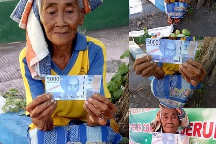 Tangkapan layar nenek penjual mangga yang menerima uang maianan Rp 50 ribu